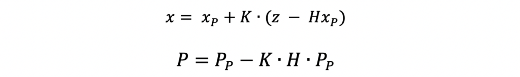 Estimation equations that use Kalman Gain and predicted state and state covariance with the input measurement.