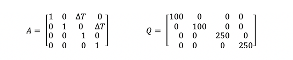 system model equations for prediction step. A and Q matrix.